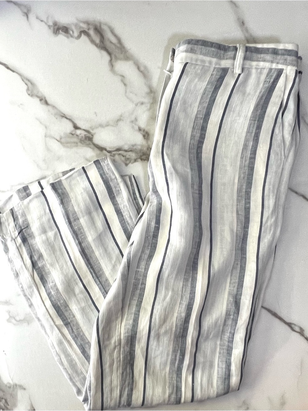 TALBOTS Women's 10 Blue & White Striped 100% Linen Trousers Beach Tropical Boho